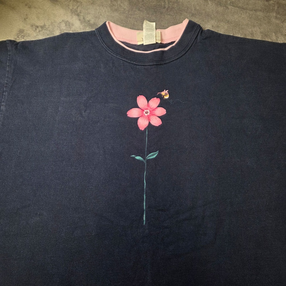 Vintage Day Breeze Shirt Womens 2X Blue Floral Bee Graphic Tee Plus Size USA